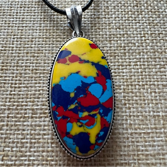 New Mosaic Balloon Jasper Vintage Style Silver Overlay Pendant Necklace - Picture 2 of 8